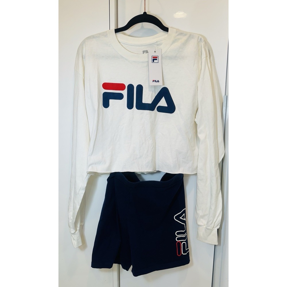 FILA Women's White T-Shirt with Long Sleeves NEW & Navy Blue Shorts Set Size L